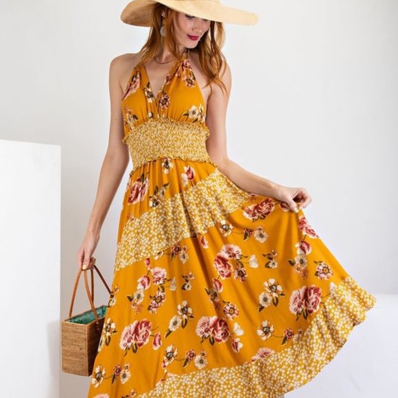 easel Dresses Easel Mustard Floral Asymmetrical Halter Dress Poshmark
